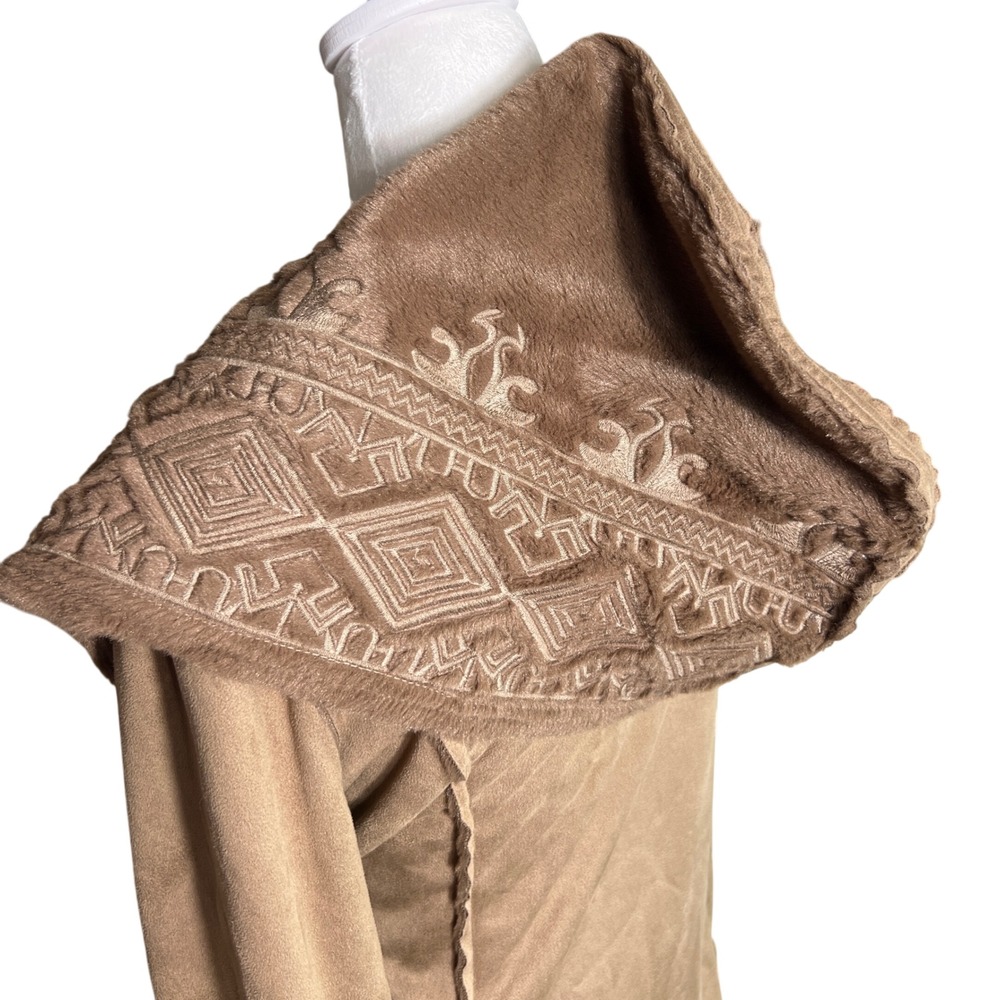 Sweet Jane Embroidered Hooded Faux Suede Fleece Lined Open Front Jacket Coat - Picture 12 of 15
